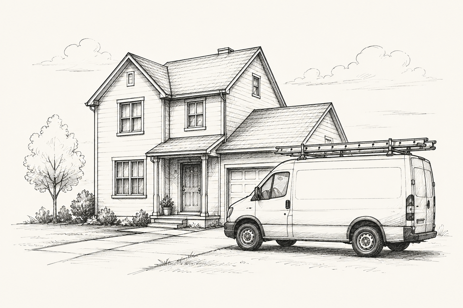 Line sketch of a home service van in front of a house